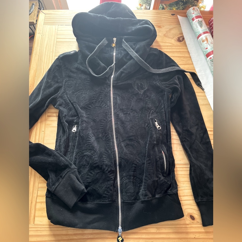 Harajuku Lovers Black Velour Zip-Up Cowl Neck Hoodie